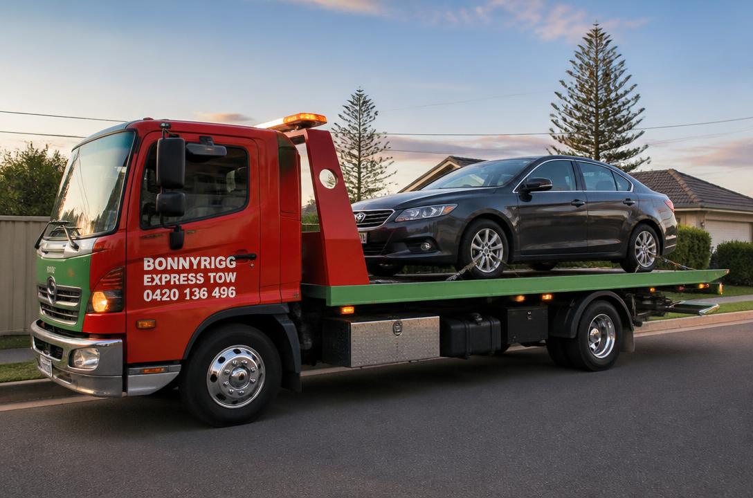 Car secured on a Bonnyrigg Express Tow flatbed tow truck
