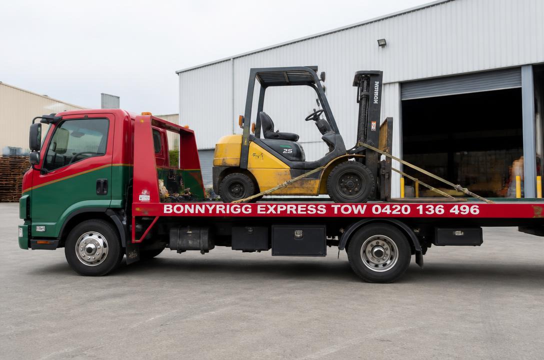 Forklift strapped on a Bonnyrigg Express Tow tilt tray truck