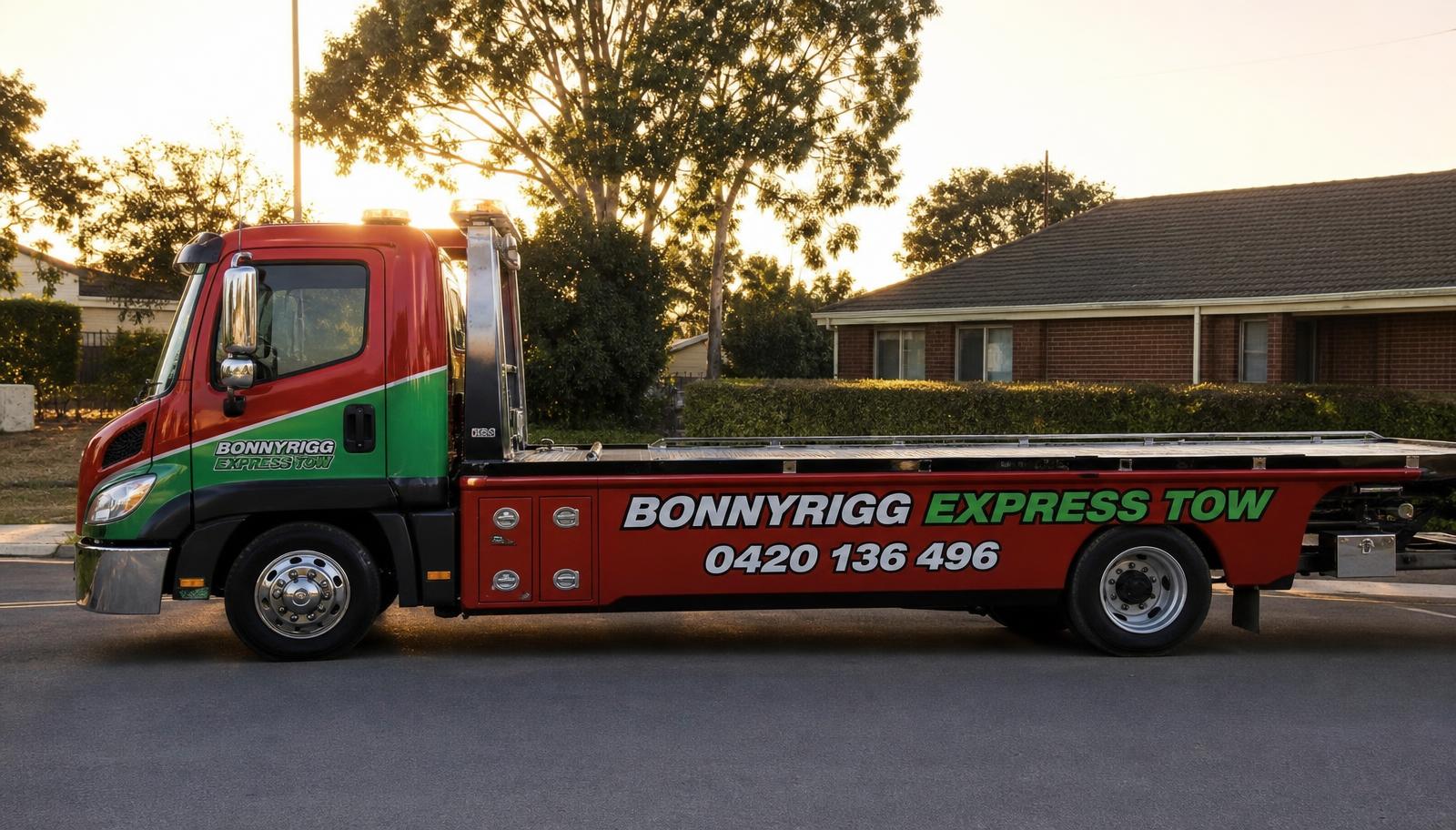 Bonnyrigg Express Tow flatbed tow truck with phone number 0420 136 496
